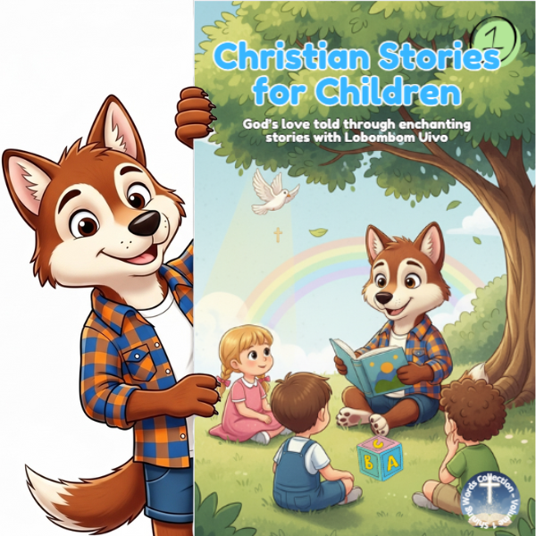 Illustration of Lobombom Uivo, a friendly wolf character, reading Christian stories to children in a sunny park with a rainbow and dove symbolizing peace and God’s love.