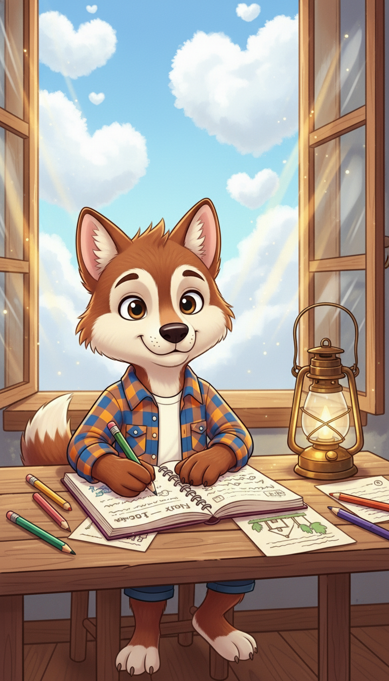 Illustration of Lobombom Uivo, a friendly little wolf writing in a notebook at a wooden desk, symbolizing Christian children’s storytelling, faith-based learning, and early literacy.
