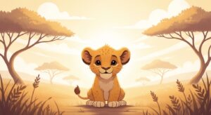 Illustration of a small lion cub sitting calmly in the African savanna at sunrise, representing a gentle bedtime story about courage and self-confidence for children.