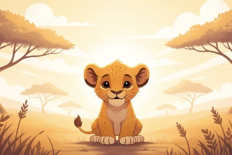 Illustration of a small lion cub sitting calmly in the African savanna at sunrise, representing a gentle bedtime story about courage and self-confidence for children.