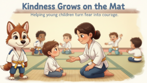 Illustration of a young child sitting on a martial arts mat while a gentle instructor kneels and offers a helping hand, with Lobombom nearby and other children practicing calmly in the background.