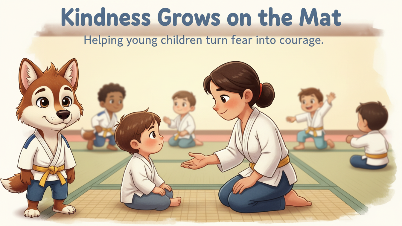 Illustration of a young child sitting on a martial arts mat while a gentle instructor kneels and offers a helping hand, with Lobombom nearby and other children practicing calmly in the background.