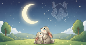 A small bunny sitting with its mother under the moonlight, looking at the stars together, representing comfort, courage, and safety at bedtime.