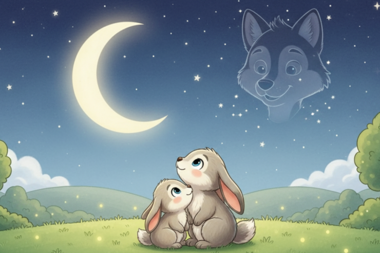 A small bunny sitting with its mother under the moonlight, looking at the stars together, representing comfort, courage, and safety at bedtime.