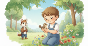 A young child gently holding an injured bird in a garden while a friendly wolf character watches nearby, surrounded by trees and flowers in a calm, peaceful setting.
