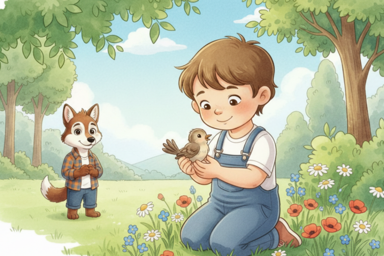 A young child gently holding an injured bird in a garden while a friendly wolf character watches nearby, surrounded by trees and flowers in a calm, peaceful setting.