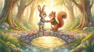 Zeca the rabbit and Tico the squirrel meeting in the middle of a stone bridge across a stream, holding paws for the first time