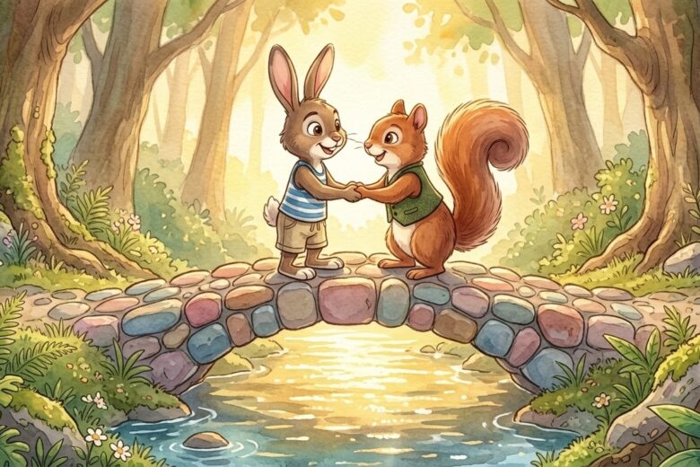 Zeca the rabbit and Tico the squirrel meeting in the middle of a stone bridge across a stream, holding paws for the first time