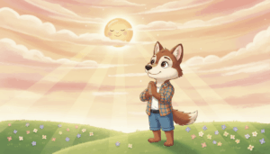 Lobombom, a young wolf character, standing in a golden meadow with hands together in prayer, looking up at a smiling sun in a pink and orange sky