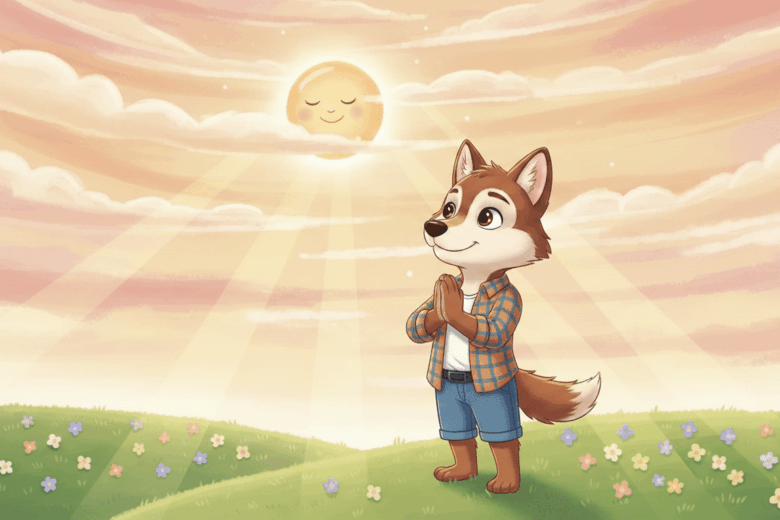 Lobombom, a young wolf character, standing in a golden meadow with hands together in prayer, looking up at a smiling sun in a pink and orange sky