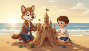 Lobombom the wolf and Zeca the bear cub building a large sandcastle together on a sunny beach at sunset