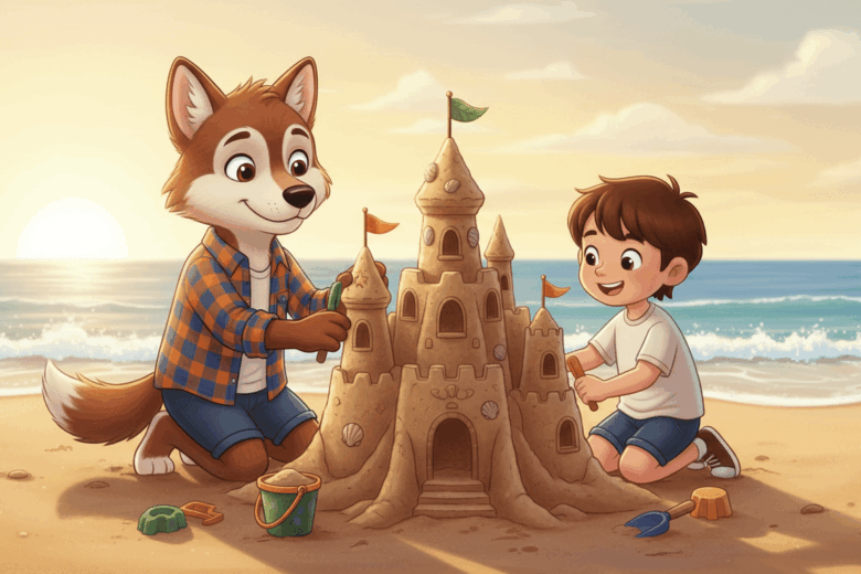 Lobombom the wolf and Zeca the bear cub building a large sandcastle together on a sunny beach at sunset