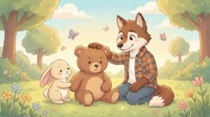 Lila the bunny gently holding paws with Zeca the sad bear cub, with Lobombom nearby, in a sunny clearing with butterflies