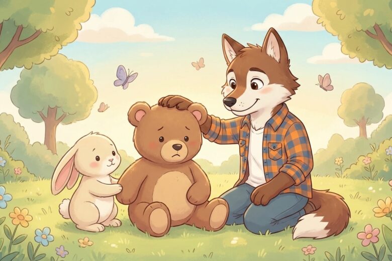 Lila the bunny gently holding paws with Zeca the sad bear cub, with Lobombom nearby, in a sunny clearing with butterflies